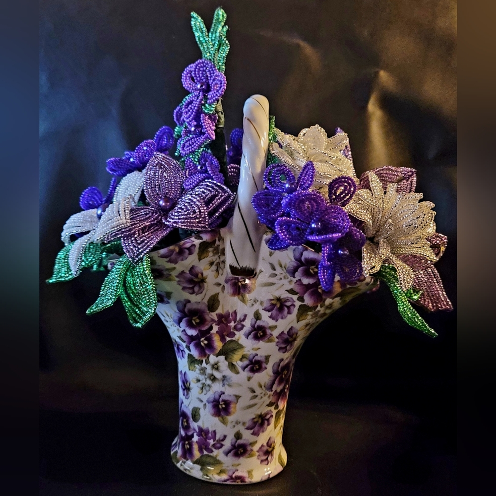 Vintage Victorian Vase filled with French Beaded Flowers